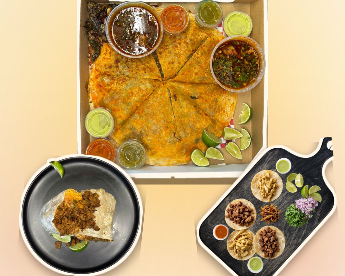 Aguirre's Tacos signature dishes — quesabirria taco, birria pizza and a loaded taco board