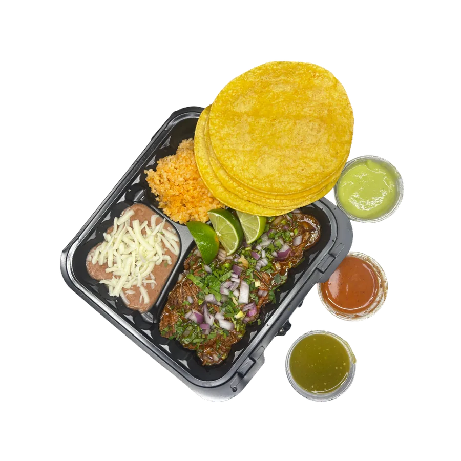 Birria Plate — slow-braised birria with rice, beans and tortillas on the side