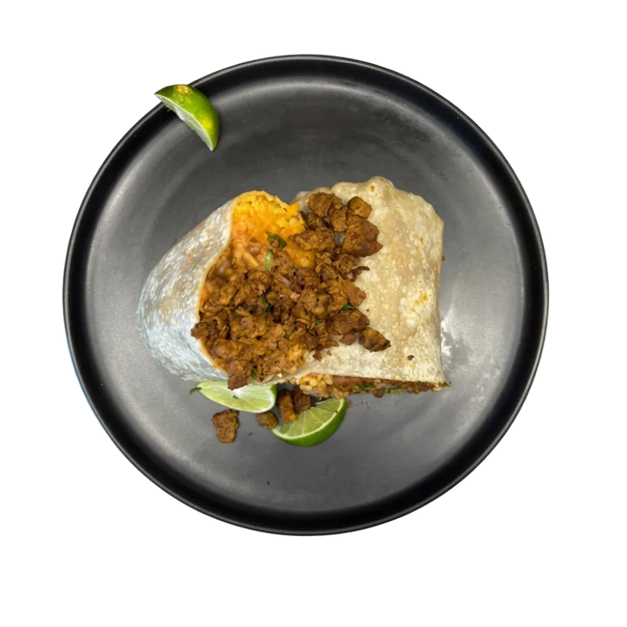 Burrito Supreme — grilled flour tortilla loaded with rice, beans and marinated meat